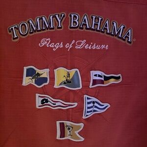 Tommy Bahama coral color Shirt with Nautical Flag Embroidery